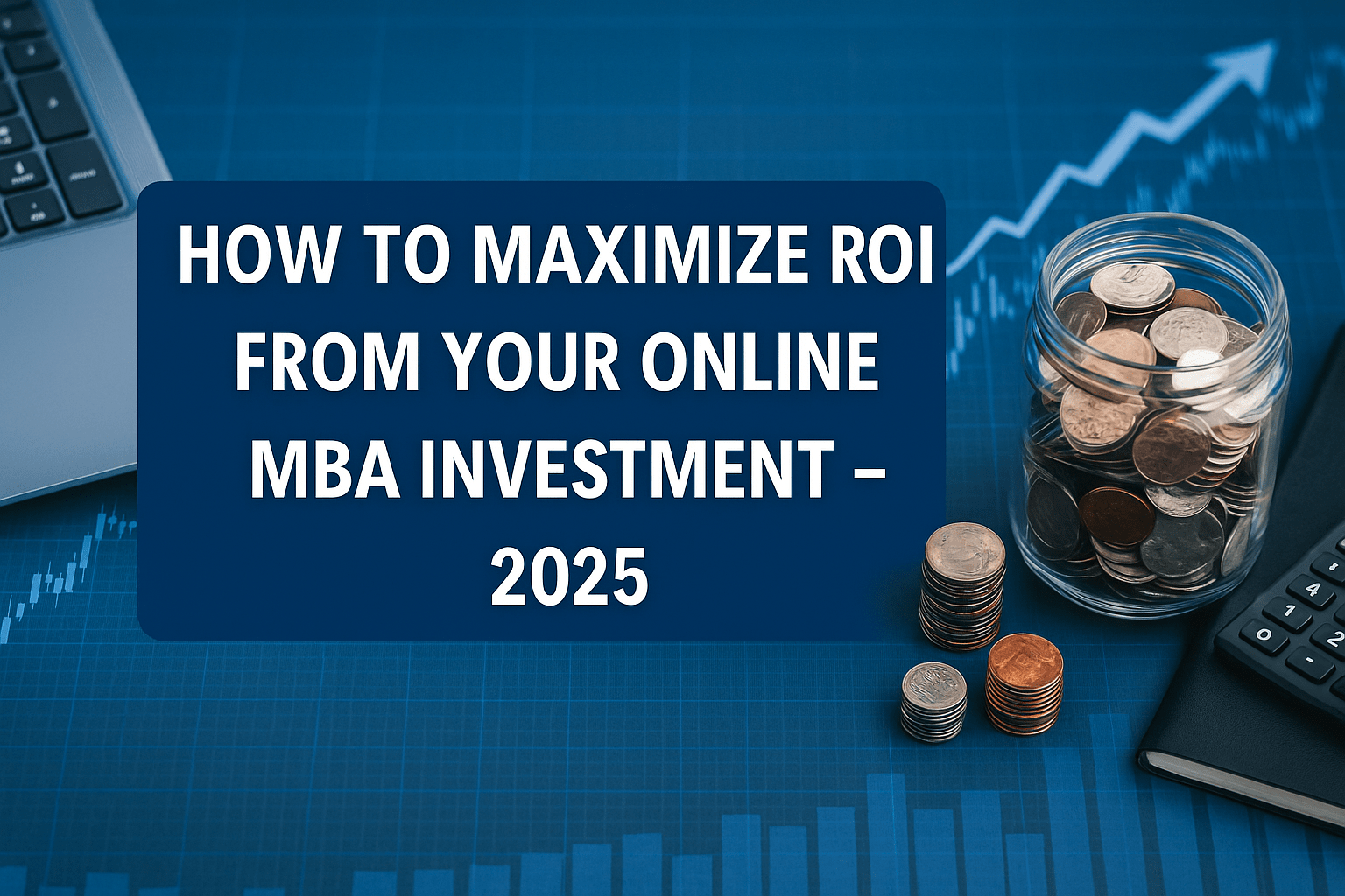 Financial concept image showing coins, a laptop, and a growth chart representing ROI from an Online MBA in 2025